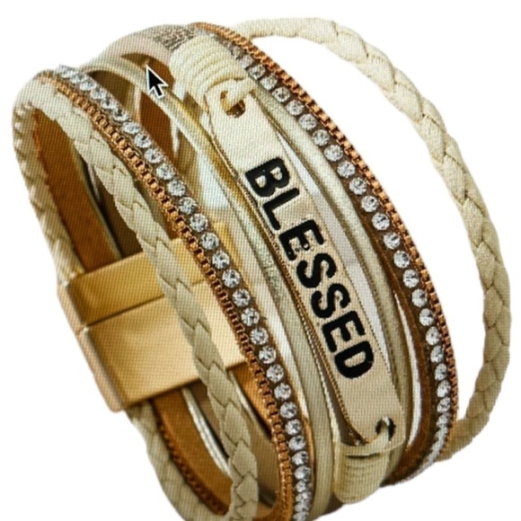 Boho Ethnic "Blessed" PU Leather Multi Layer Rhinestone Studded Bracelet - Picture 3 of 5